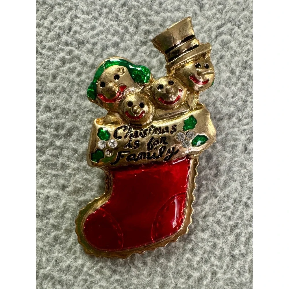 Vintage Christmas Is For Family Snowman Stocking Brooch Gold Tone Red Enamel Pin